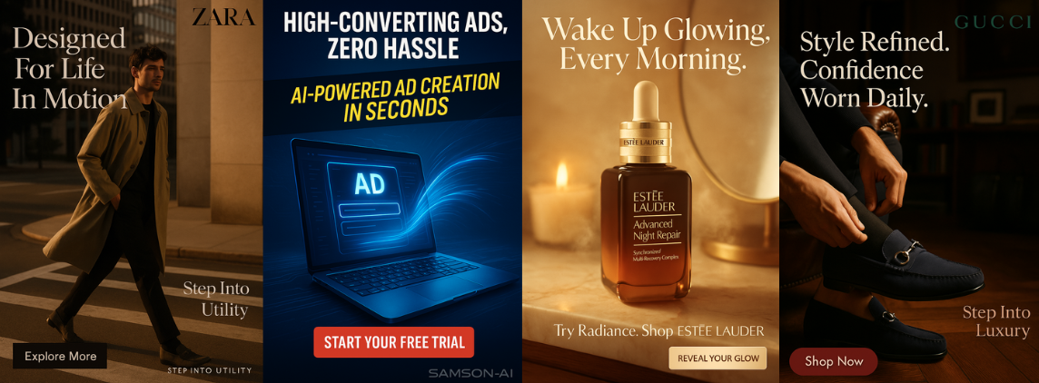 Four-panel horizontal image showing AI-generated ads by Samson-AI for different industries. From left to right: ZARA ad with a man walking in a trench coat; Samson-AI ad promoting fast, automated ad creation; Estée Lauder skincare ad with golden lighting; and Gucci loafer ad focused on luxury and confidence. Demonstrates the versatility of Samson-AI’s creative output.