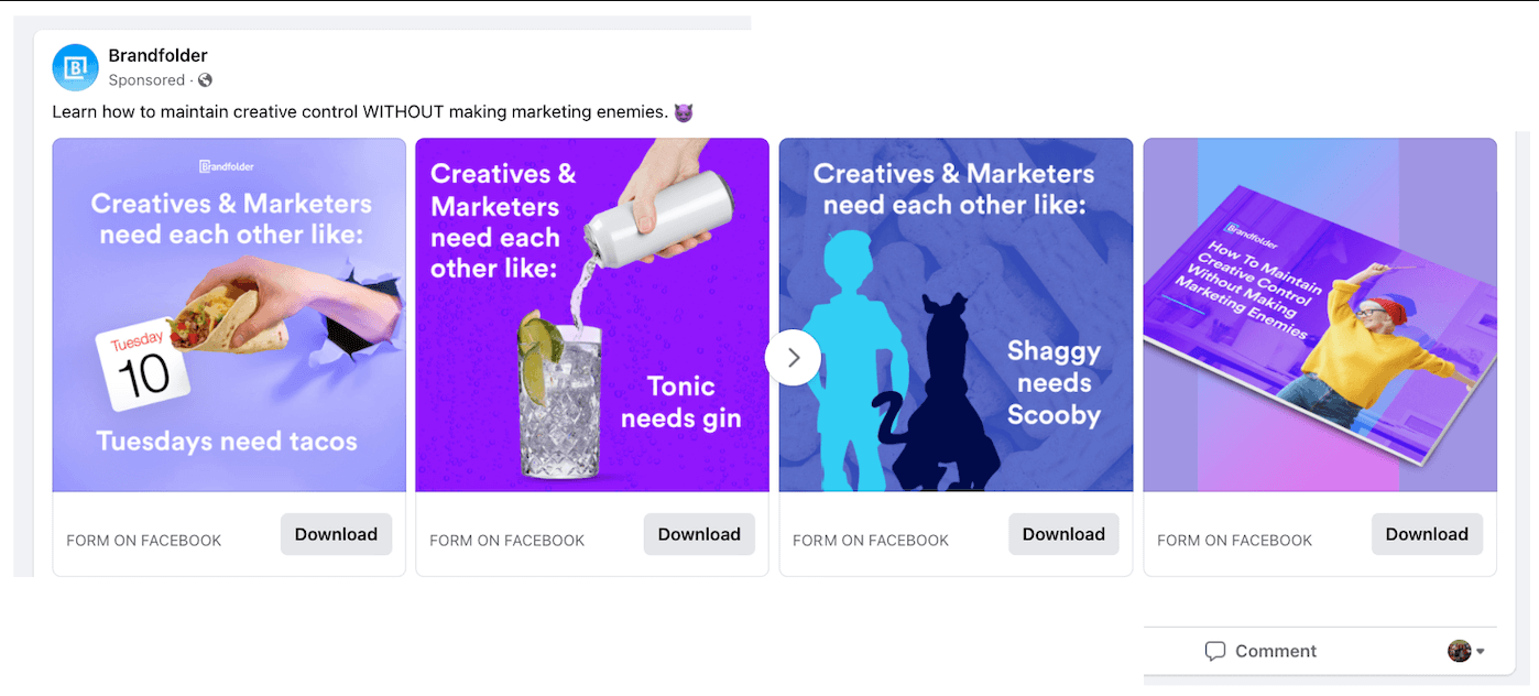A vibrant four-panel ad comparing creatives and marketers to fun pairings: ‘Tuesdays need tacos,’ ‘Tonic needs gin,’ ‘Shaggy needs Scooby,’ followed by a call to action on how to maintain creative control. Final panel shows a woman pointing at a virtual screen.