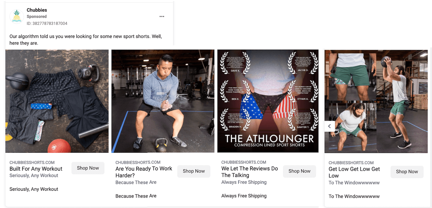 Multiple images showcasing Chubbies compression-lined sport shorts, including workout shots, review-focused design, and playful product styling. Text highlights comfort, readiness, and fun naming like ‘The Athlounger’ and ‘To The Windowwwww’.