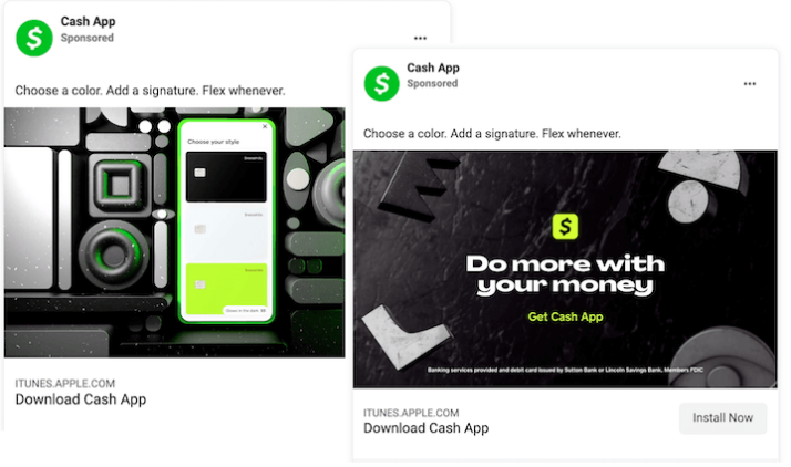 Left image shows a Cash App phone interface with customization options surrounded by abstract shapes. Right image has bold white text ‘Do more with your money’ on a black marble background with Cash App’s green logo and a call to install the app.