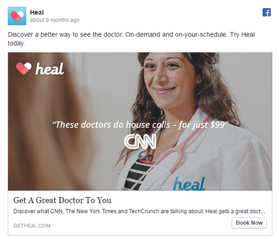 Smiling female doctor in a white coat with a pink stethoscope facing a patient. Text reads: ‘These doctors do house calls – for just $99’ with a CNN logo. Promotes Heal’s on-demand medical services.
