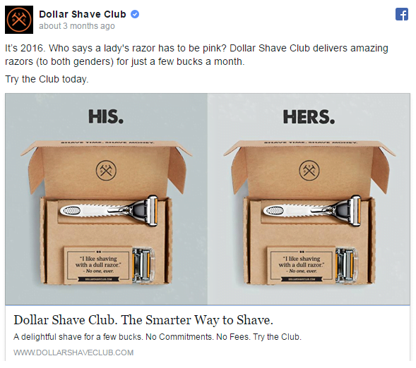 Side-by-side image of two open razor boxes labeled ‘His’ and ‘Hers’, both containing identical razors and shaving accessories. Text above reads: ‘Who says a lady’s razor has to be pink?’