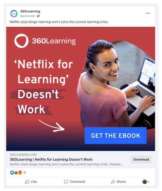 Woman smiling while using a laptop. Text on a red background reads: ‘Netflix for Learning doesn’t work’. A blue button with white text urges users to ‘Get the Ebook’.