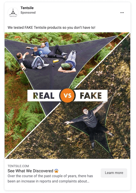 Diagonal split image showing people relaxing in a real Tentsile tree tent above, and a lone man on the ground in a fake version below. Bold ‘REAL vs FAKE’ label in the center.