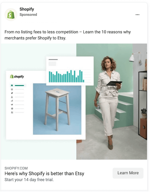 Professional woman walking through a mint-colored modern office space. Overlay includes Shopify analytics and a product image, with text highlighting why merchants prefer Shopify to Etsy.