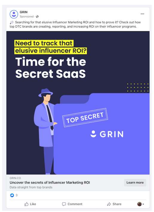 Illustration of a spy figure holding a ‘Top Secret’ folder labeled GRIN. Text reads: ‘Need to track that elusive influencer ROI? Time for the Secret SaaS.’